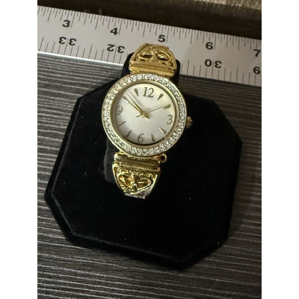 Mother Of Pearl Womens Gold Tone Cross Watch Stretch Christian Band New Battery